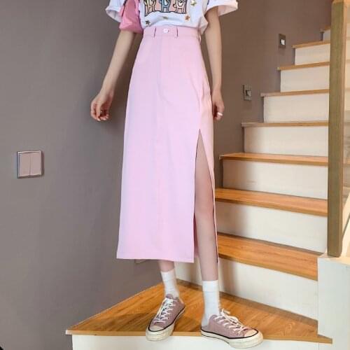 Solid Elegant Split Skirt Women Korean A-Line Vintage High Waist Midi Skirt Female Casual Summer Beach Party Sweet Skirt 2021
