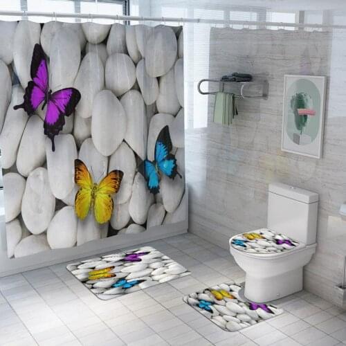 Imucci Printed Butterfly Stone Toilet Mat Shower Curtain 4-piece Set Of Antiskid And Water Absorption