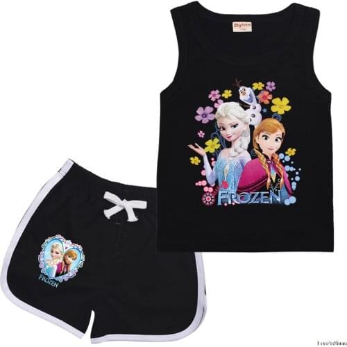 Disney Girl Frozen Elsa Summer Girls Clothes Sets Cartoon 1-15T Baby Kids Clothes Vest Tops+Shorts 2 PCS Sets Tracksuit Outfits