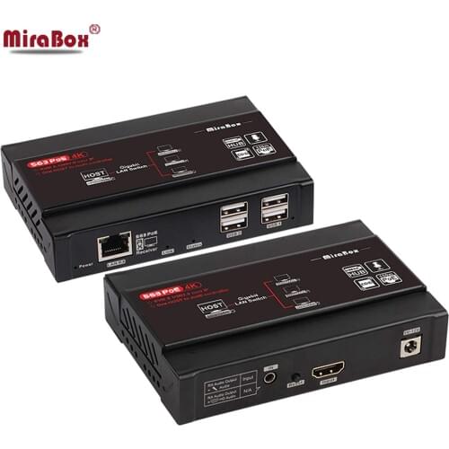 Mirabox 100m 4K KVM USB HDMI Over IP Cat5e Cat6 Extender Support 802.3af POE, USB2.0 Pass-through, 4K@30Hz 4:4:4, Latency