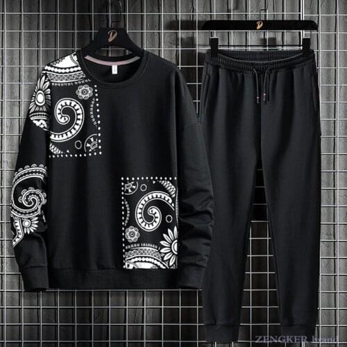 Mens spring and autumn sweater suit plus size trendy neck long-sleeved trousers sports and leisure two-piece suit 8xl 7XL