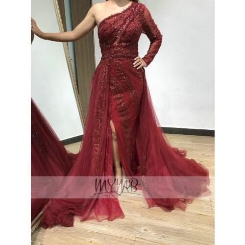 New Arrival Arabic Burgundy Evening Formal Gowns One Sleeve Lace Applique Keyhole Beaded Design Bridal Mother Dress With Overlay