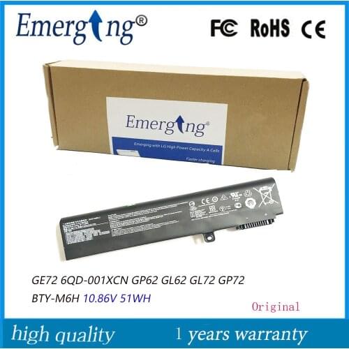 10.86V 51WH New Original Laptop Battery BTY-M6H for MSI GE62 2QF-255XCN GE72 6QD-001XCN GP62 GL62 GL72 GP72