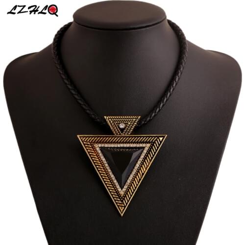 LZHLQ Triangle Pendant Necklaces Trendy Women Crude Rope Chain Geometric Metal Carved Rhinestone Necklace Plating Punk Jewelry