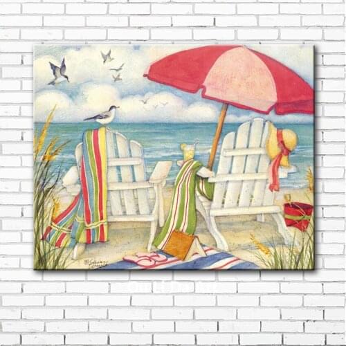 Pastoral Mediterranean sea beach chair bird scenery canvas printings oil paintings printed on canvas wall art decoration picture