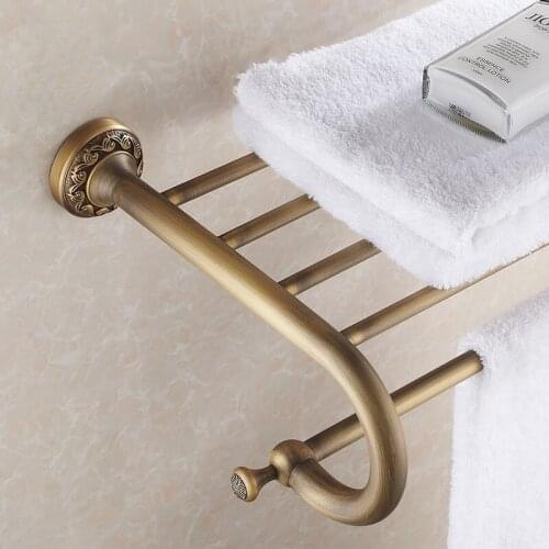 Bathroom Shelves Antique Solid Brass Wall Shelf Towel Rack Bath Rails Hanger Storage Bathroom Accessories Towel Bars Holder 3712