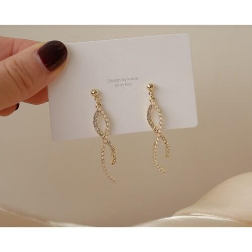 S925 Silver Needle New Twisted Wave Bling Super Flash Zircon Pearl Long Winding Earrings Wedding Accessories Girlfriend Gift