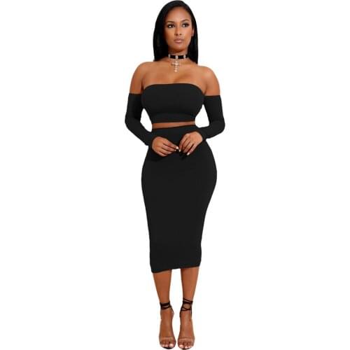 Sexy Women Two Pieces Set Off Shoulder Lace Up Back Long Sleeve Backless Crop Top Bodycon Women Pencil Skirt Clothes Set