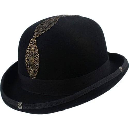 100% Wool Black Women Men Steampunk Bowler Hat CrushableTraditional Fedora Billycock Groom Hats 4Size S M L XL