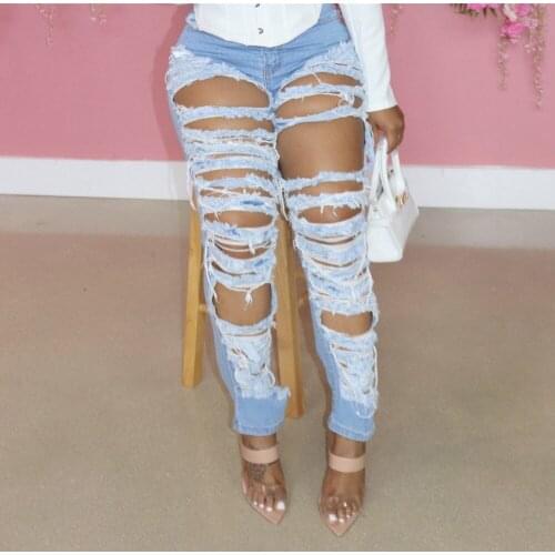 Blue Ripped Straight Women Jeans Sexy Hole Streetwear Cut Out Denim Trousers 2021 Summer New Female Solid Color Pants
