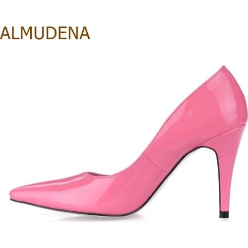 ALMUDENA Pink White Black Patent Leather Pumps Pointed Toe Shallow Cut Slip On Dress Shoes Concise Office Daily Shoes Dropship