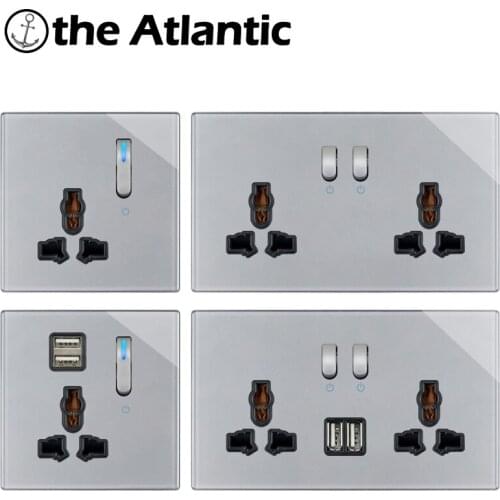 13A Universal Socket With USB Wall Power Outlet Double Outlet With LED Gray Grey Glass Piano Key Switch For UK EU Europe France