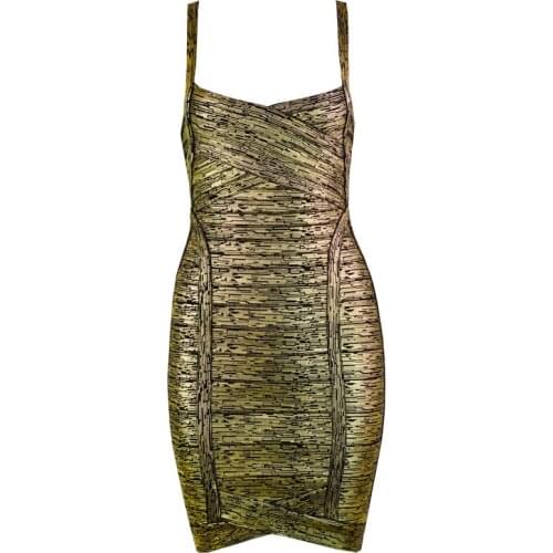Gorgeous Bodycon Spaghetti Strap Printing Sexy Celebrity Party Black with Gold Foil Bandage Dress for Women