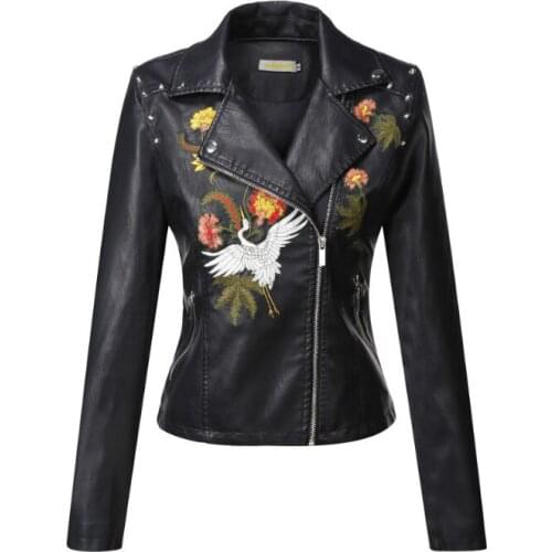Spring Autumn Short Pu Leather Jacket for Women Plus Size Embroidery Ladies Faux Leather Jacket Turn Down Collar Female Jackets