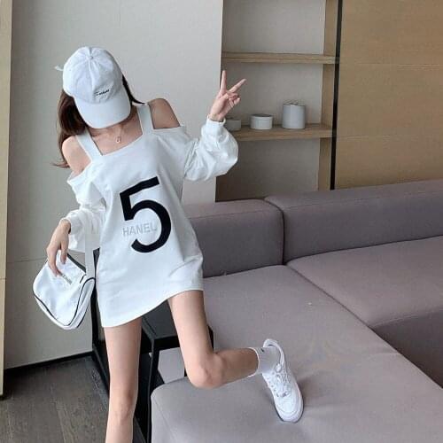 Casual Sweatshirt Womens Spring And Autumn 2021 New White Loose Strapless Long-sleeve Slim Hip-hop Trend Personalittop