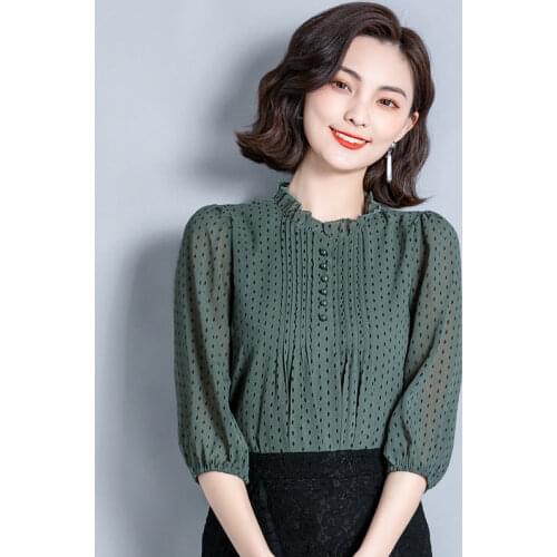 Summer New 2021 Chiffon Polka Dot Women Blouse O-Neck Button Long-Sleeved Office Lady Elegant Pulls Tops