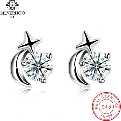 SILVERHOO Geometric Cross And Moon 925 Sterling Silver Stud Earrings For Women Clear Cubic Zirconia Wedding Earring Fine Jewelry