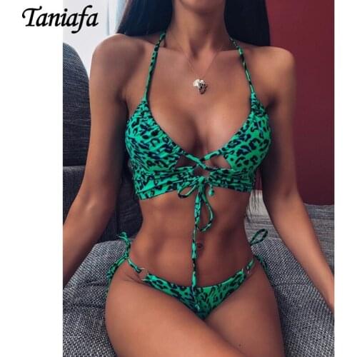 Women Summer Fashion Leopard Printed Stitching Two Piece Swimsuit Bikini Sets Swimwear Bathing Suit Sexy Bandage Bras Beachwear