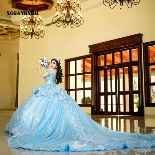 Beautiful Ball Gown Quinceanera Dress 2022 Organza Appliques Flowers Long Sky Blue Sleeveless Sweet 16 Dress Royal Train