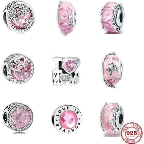 2020 New Pink Love Mom Flower Beads fit Original Pandora Charms Silver 925 Bracelet DIY Women Jewelry Berloque