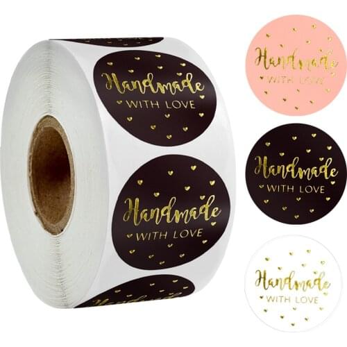 500pcs/roll gold foil "handmade with love" sticker for cake bag decoration thank you sticker seal labels (black pink) stationery