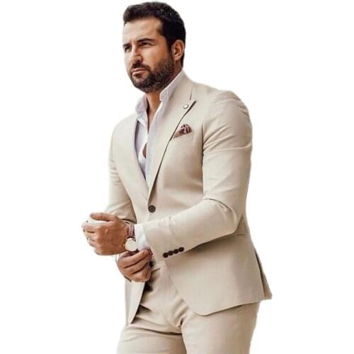 Beige Slim Fit Men Suits for Wedding Peaked Lapel 2 Piece Groom Tuxedo Jacket with Pants Business Male Fashion Costume