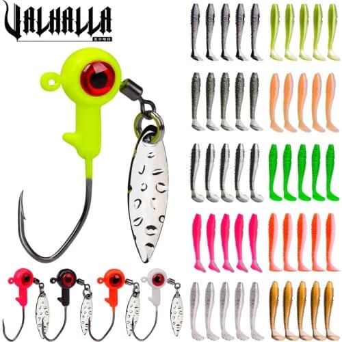 VALHALLA 25pcs Jig Head Hooks Soft Lures Worm Fishing Bait Set 1.4g 1.6g 3g Artificial Rubber Bass Spinner Spoon Fishing Hook