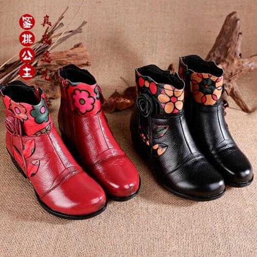Bohemian Women Boots Printed Genuine Leather Ankle Boots Vintage Motorcycle Booties Ladies Shoes Woman 2021