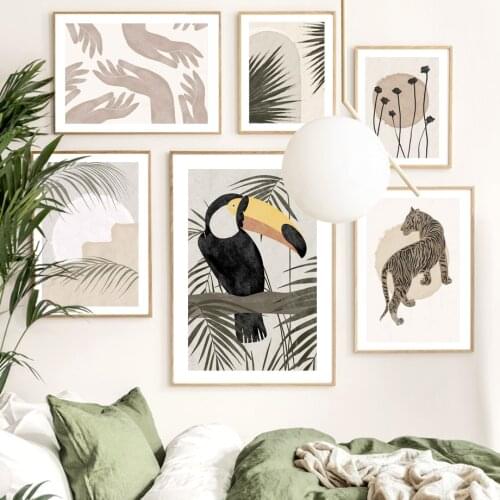 Boho Wall Art Print Canvas Painting Abstract Flamingo Tiger Dandelion Palm Nordic Poster Wall Pictures For Living Room Decor