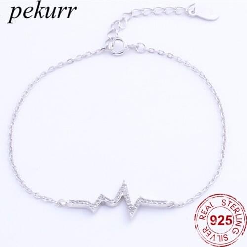 Pekurr 100% 925 Sterling Silver Pave CZ Heartbeat Bracelet For Women Fine Jewelry Girls Charms Bangle Party Gifts