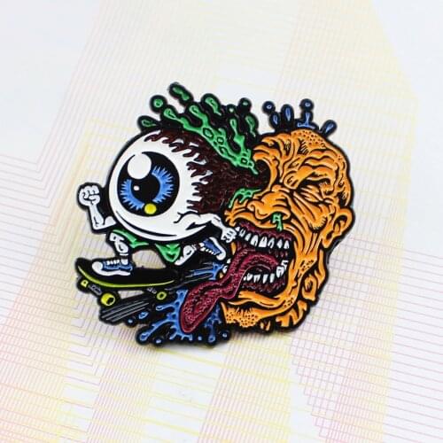Shake Muscle Brooches Pins Blue Big Eye Skateboarder With Long-tongued Ghost-Faced Monster Creative Funny Pins Reality Accessory