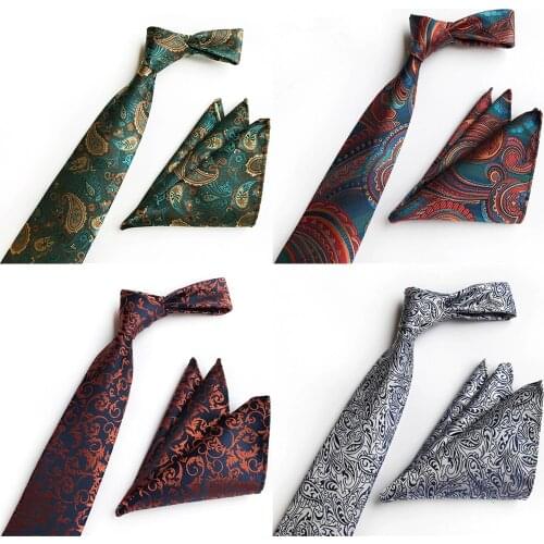 New Green Paisley Floral Neck Ties for Men Silk Neck Tie Pocket Squares Sets 8cm Gold Grey Neckties Wedding Accessories A039