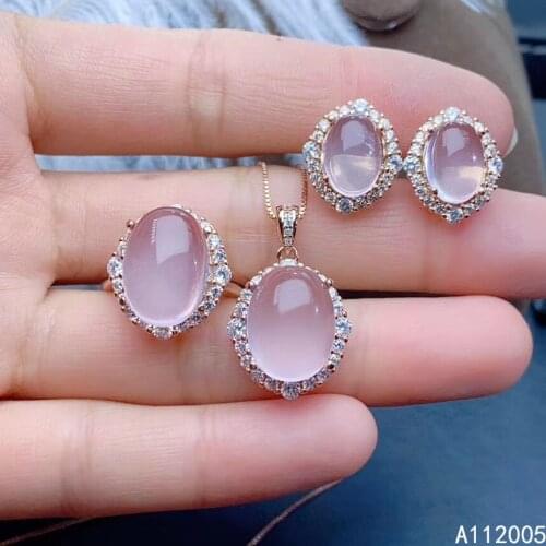 KJJEAXCMY Fine Jewelry 925 sterling silver inlaid natural Rose Quartz female ring pendant earring set elegant supports test