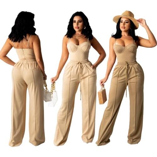 Women Set Solid Sleeveless Strap V-neck Slim Tops Pockets Wide Leg Pants Two 2 Piece Set Fashion Outfit Summer Tracksuit
