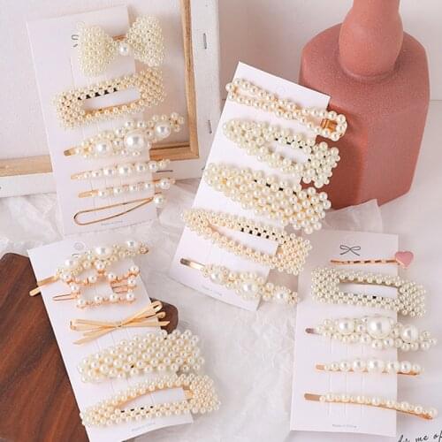 1Set Korean Fashion Simulation Pearl Haipin Women Hair Accessories Geometric Gold Acrylic Barrette Clips Jewelry Girl Wedding