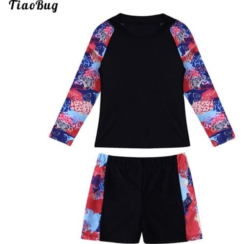 TiaoBug Summer 2Pcs Kids Girls Swimwear Round Neck Long Sleeves Cartoon Floral Print Top And Boyshorts Bikini Tankini Swimsuit