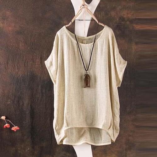 Summer Women Solid Loose Blouse O-Neck Tops Ladies Casual Shirt Asymmetrical Short Batwing Sleeve Blouse
