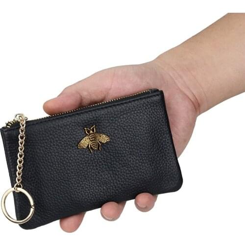 Genuine Leather Small Coin Purse Metal Bee Decor Zipper Mini Ultra Thin Change Wallet with Key Ring Women Men Pocket Money Bag