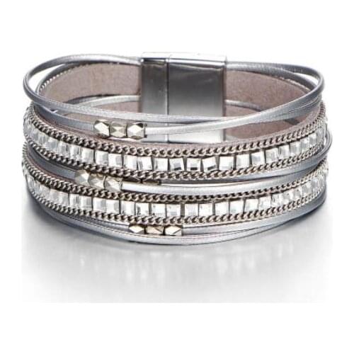 Fashion Multilayer Leather Bracelets for Women Magnet Clasp Crystal Bohemian Double Wrap Charm Bracelet Jewelry Magnet Clasp