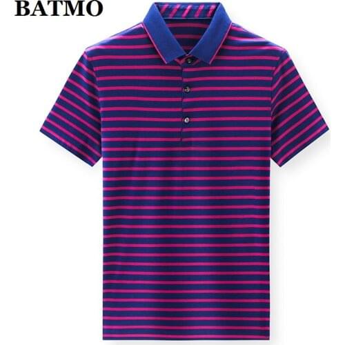 BATMO 2021 new arrival summer high quality silk striped polo shirts men,male polos ,3399