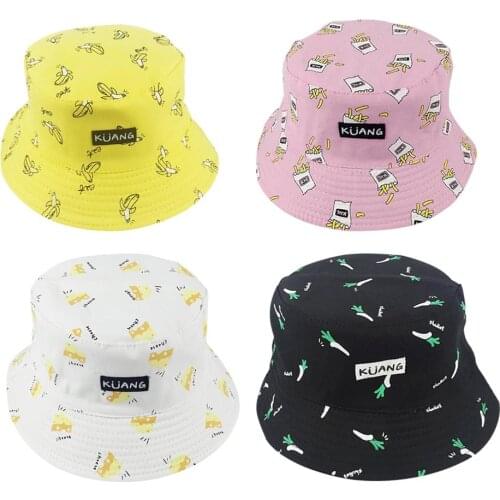 Unisex Couple Summer Harajuku Panama Bucket Hat Banana French Fries Print Wide Brim Sun Visor Hip-Hop Reversible Fisherman Cap