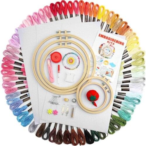 Full Range of Embroidery Starter Kit, 5 PCS Bamboo Embroidery Hoops, 50 Color Threads for Beginners Hand Sewing Needles