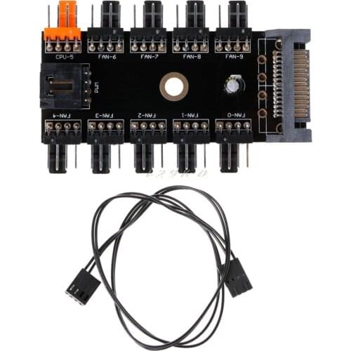 SATA 1 To 10 Way PWM Cooling Fan Splitter Hub 12V 4-Pin Power Socket PCB Adapter for PC Computer Water Cooling System New