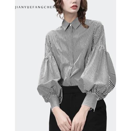 100% Cotton Women' Striped Shirt Spring Autumn Long Lantern Sleeve Turn-Down Collar Blouse Fashion Elegant Office Ladies Tops