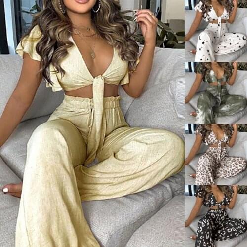 S-3X Summer Women Casual Ruffle Top Pleated Front Sleeveless Print Crop Top High Waist Wide Leg Pants Suit Two Piece Set Outfit
