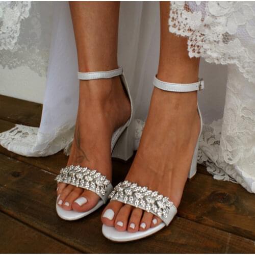 Ladys Summer Sandals Chunky Thick Heels White Ivory Shoes with Light Gold Crystal Trim Ankle Strap Wedding Party Prom Club