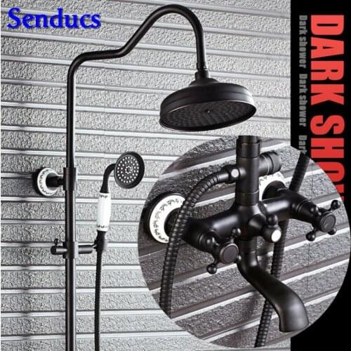 Senducs Hot Sale Black Bathroom Shower Set Dual Handle Black Bathroom Shower Mixer Tap with Quality Brass Bathroom Shower System