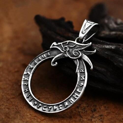 Vintage Mens 316L Stainless Steel Nordic Odin Viking Rune Pendant Necklace Dragon Greek Ouroboros Necklace Retro Amulet Jewelry