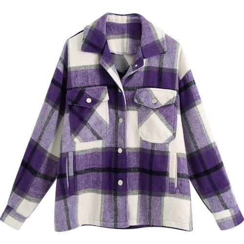 European American Style Women Jacket Spring Autumn Ladies Vintage Loose Lapel Purple Plaid Coat Casual Pocket Long Sleeve Top