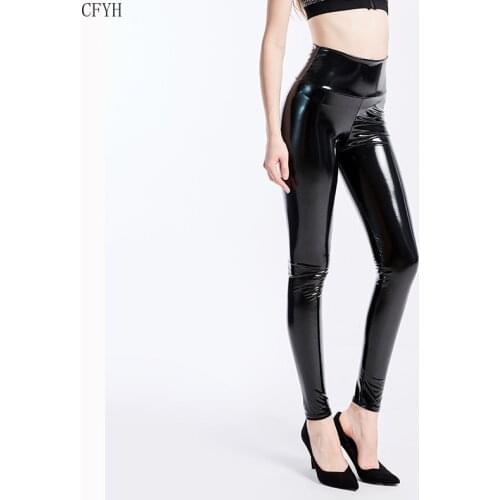 Women Shiny Leggings Wet Look PU Leather Leggings Black Slim High Waist Skinny Pants
